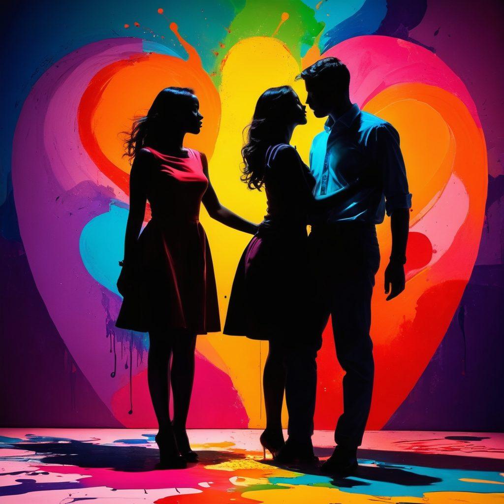 An abstract representation of intertwined silhouettes representing diverse couples in playful, intimate poses, surrounded by colorful splashes of light and shadows to evoke a sense of mystery and attraction. Elements such as hearts, question marks, and keyholes subtly integrated into the background to symbolize exploration and curiosity in relationships. The composition should feel vibrant and inviting, yet slightly provocative, drawing the viewer into a world of joyful taboo. surreal art. vibrant colors. dynamic shapes.