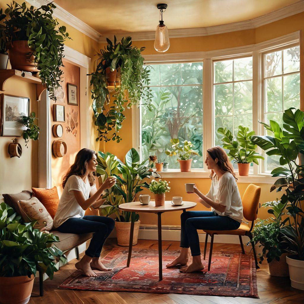 An enchanting scene depicting two adults in a beautifully decorated room, engaging in a heartfelt conversation over coffee, surrounded by plants and soft lighting. One person is playfully teasing the other, showcasing their connection, while joyful art pieces adorn the walls. Emphasize warmth, intimacy, and the transformative journey of relationships. vibrant colors. cozy atmosphere. illustration.