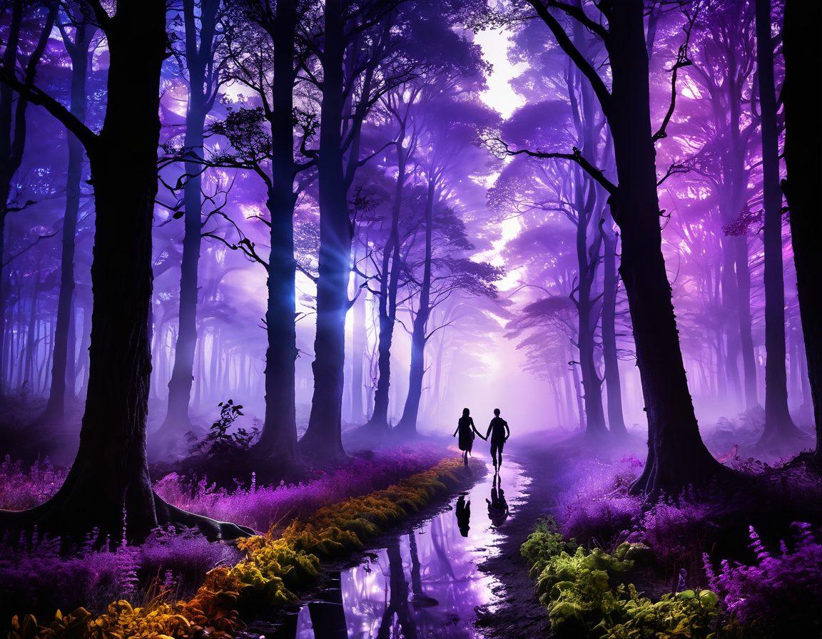 A surreal landscape depicting a mystical forest at twilight, with glowing pathways leading to hidden clearings where silhouettes of diverse couples connect in joyous harmony. Ethereal mist envelops the scene, enhancing the feeling of secrecy and allure, while whimsical flora adds a touch of enchantment. The sky bursts with hues of purple and gold, symbolizing the excitement of mature connections. vibrant colors. surrealism.